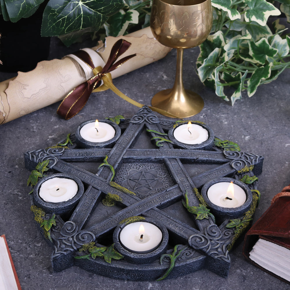 Wiccan Pentagram Tea Light Holder Gothic Witch Candle Holder