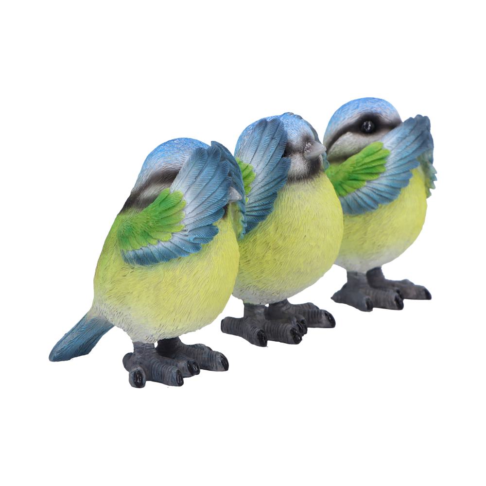 Three Wise Blue Tit Figurines in See no, Hear no, Speak no evil poses