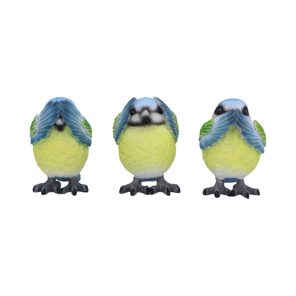 Three Wise Blue Tit Figurines in See no, Hear no, Speak no evil poses