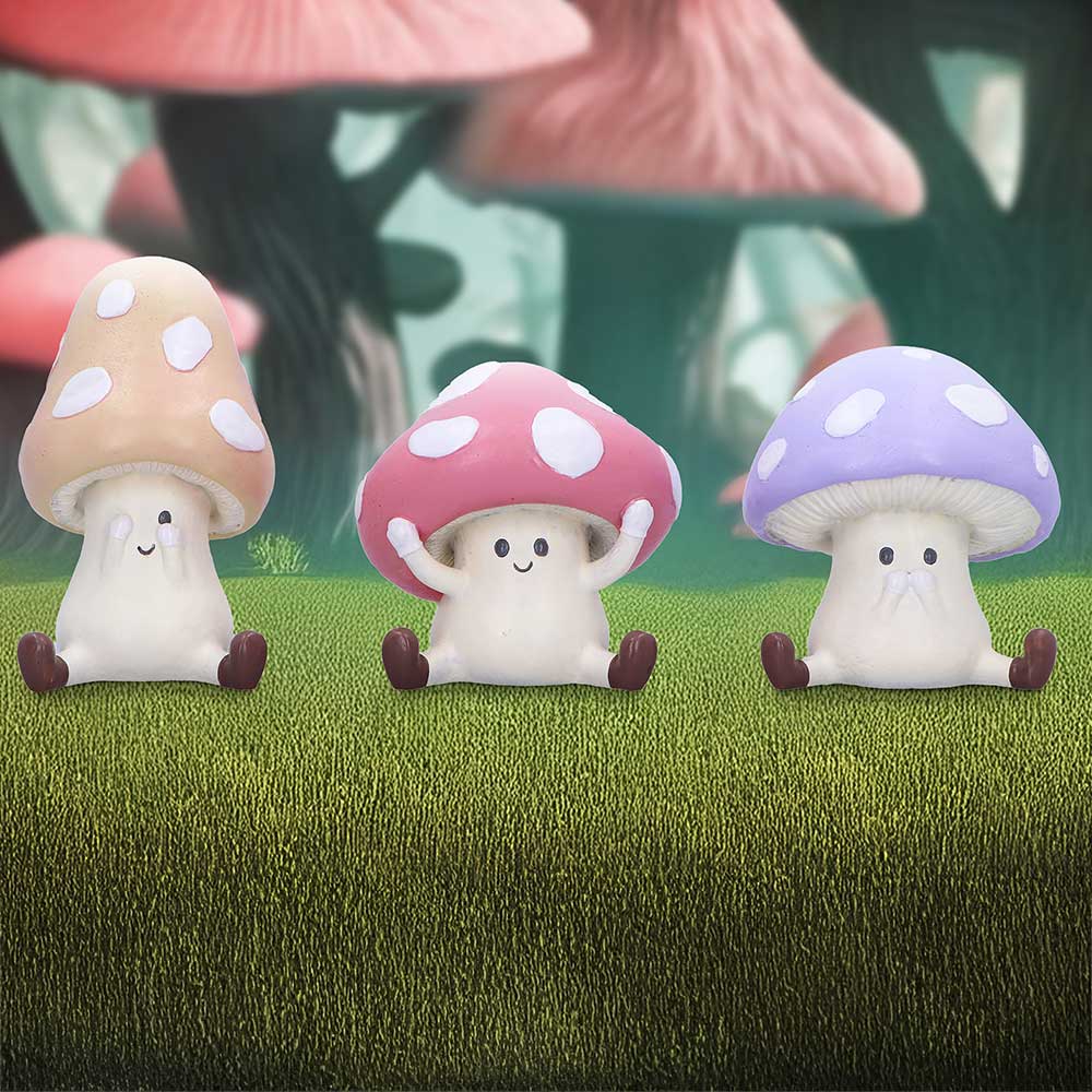 Three Wise Multicoloured Toadstool Figurines in See no, Hear no, Speak no evil poses