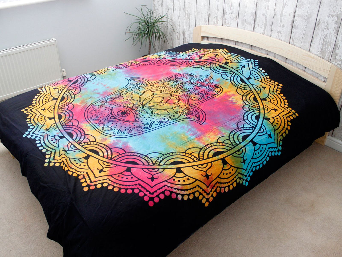 Double Cotton Bedspread / Wall Hanging - Black Hamsa