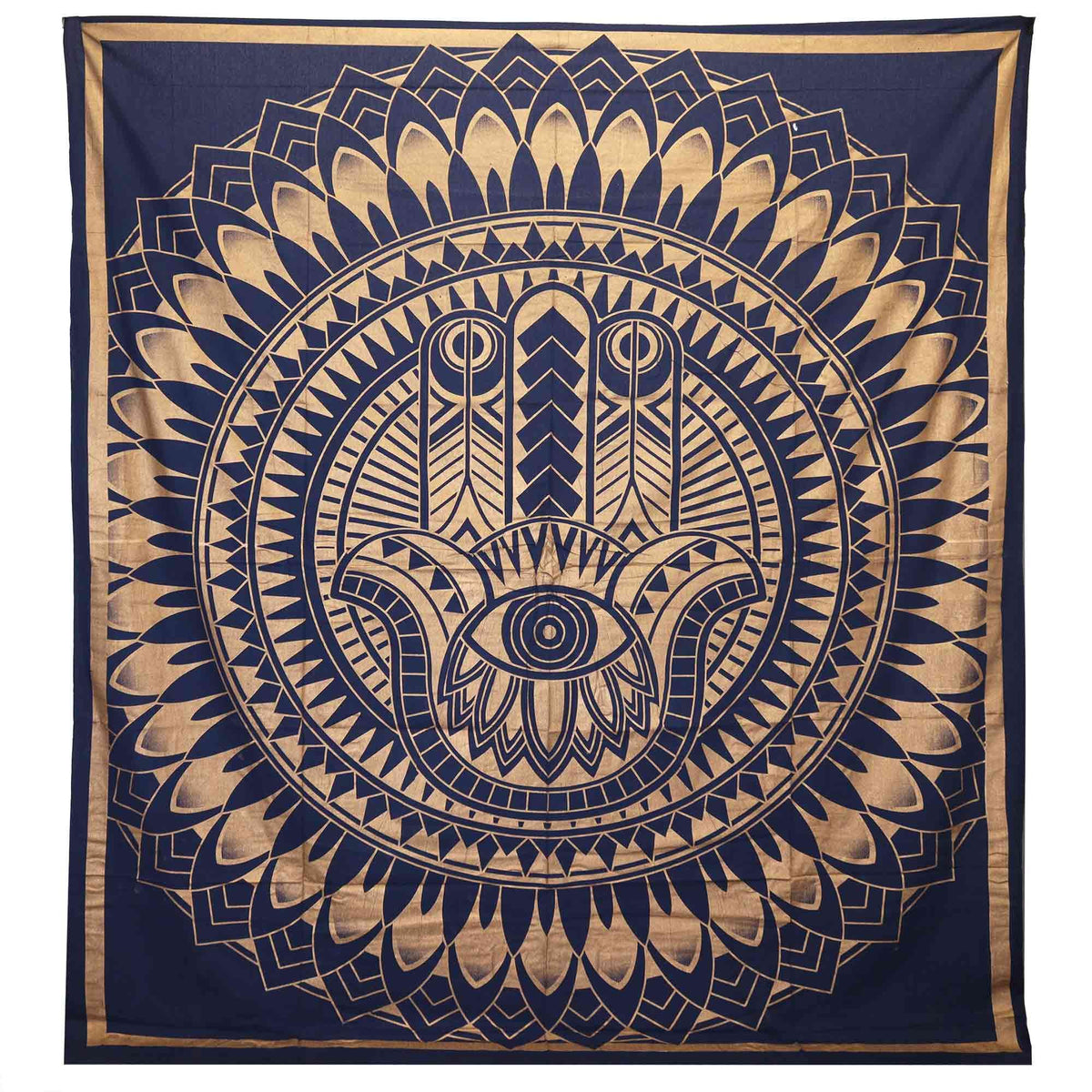 Double Cotton Bedspread / Wall Hanging - Hamsa - Blue Gold