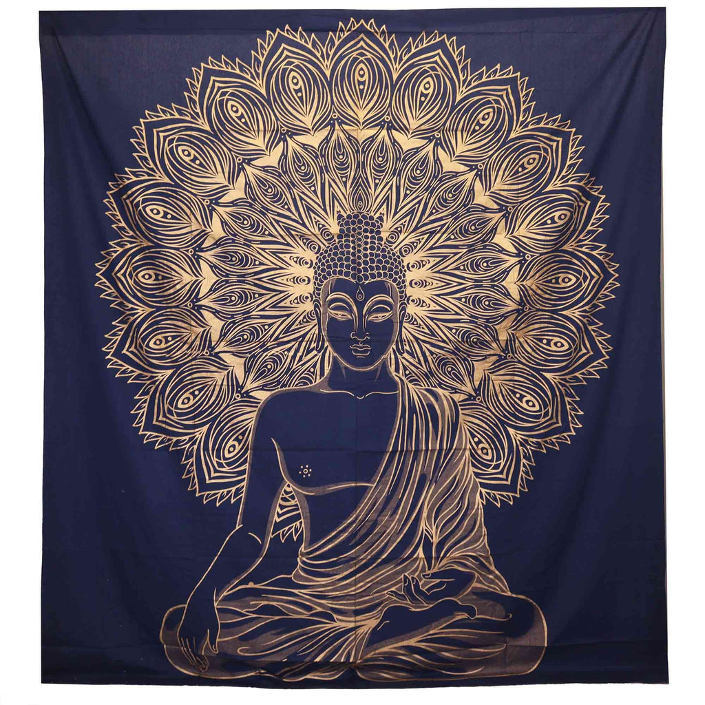 Double Cotton Bedspread / Wall Hanging - Buddha - Blue Gold