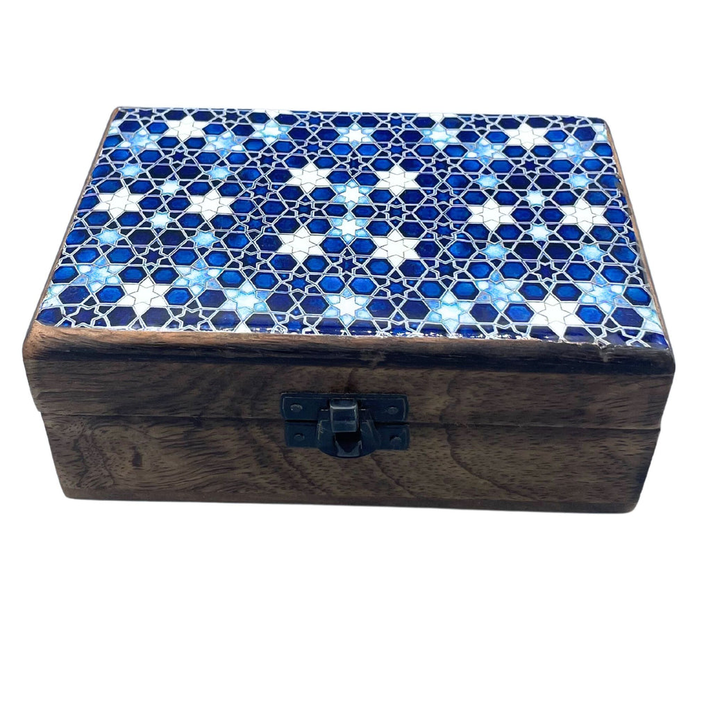 Blue Stars - Medium Ceramic Glazed Wood Box
