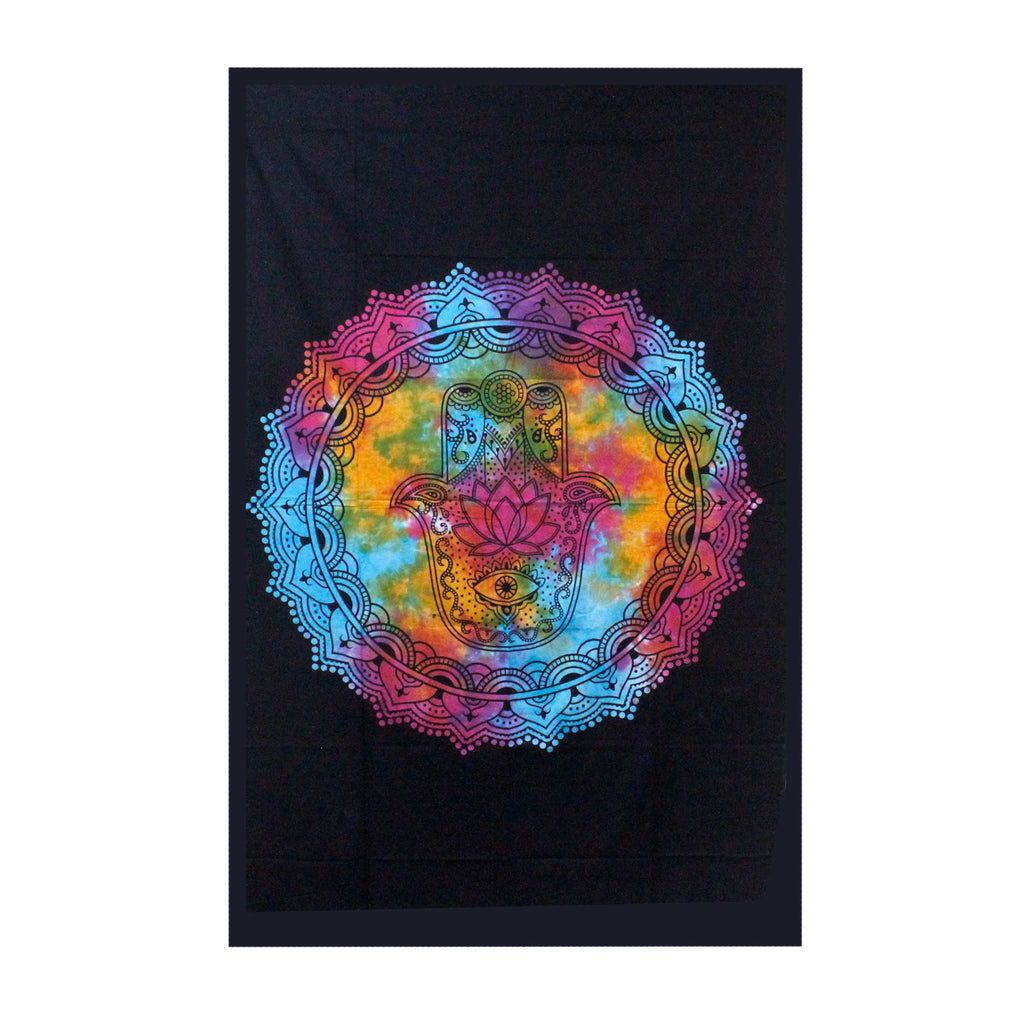 Double Cotton Bedspread / Wall Hanging - Black Hamsa
