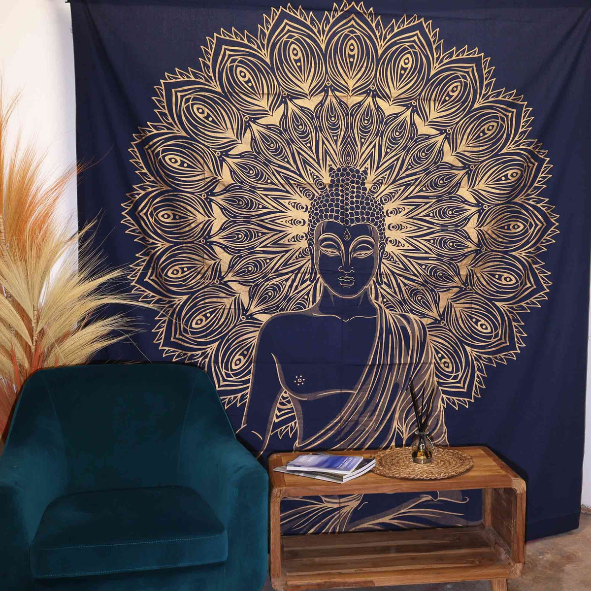 Double Cotton Bedspread / Wall Hanging - Buddha - Blue Gold
