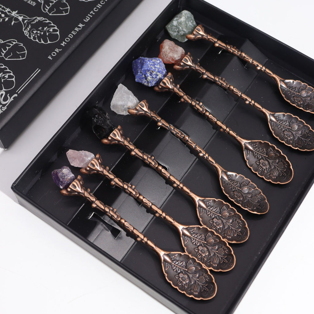 Set of 7 Bronze Gemstone Crystal Witch Spoons