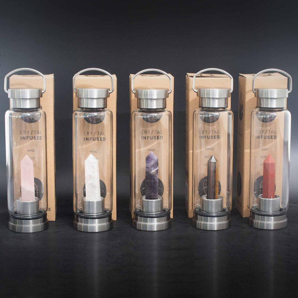 Crystal Infused Glass Water Bottle - Cleansing Clear Quartz - Obelisk