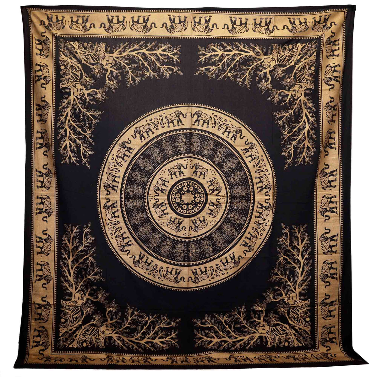 Double Cotton Bedspread / Wall Hanging - Elephant Jungle - Black Gold
