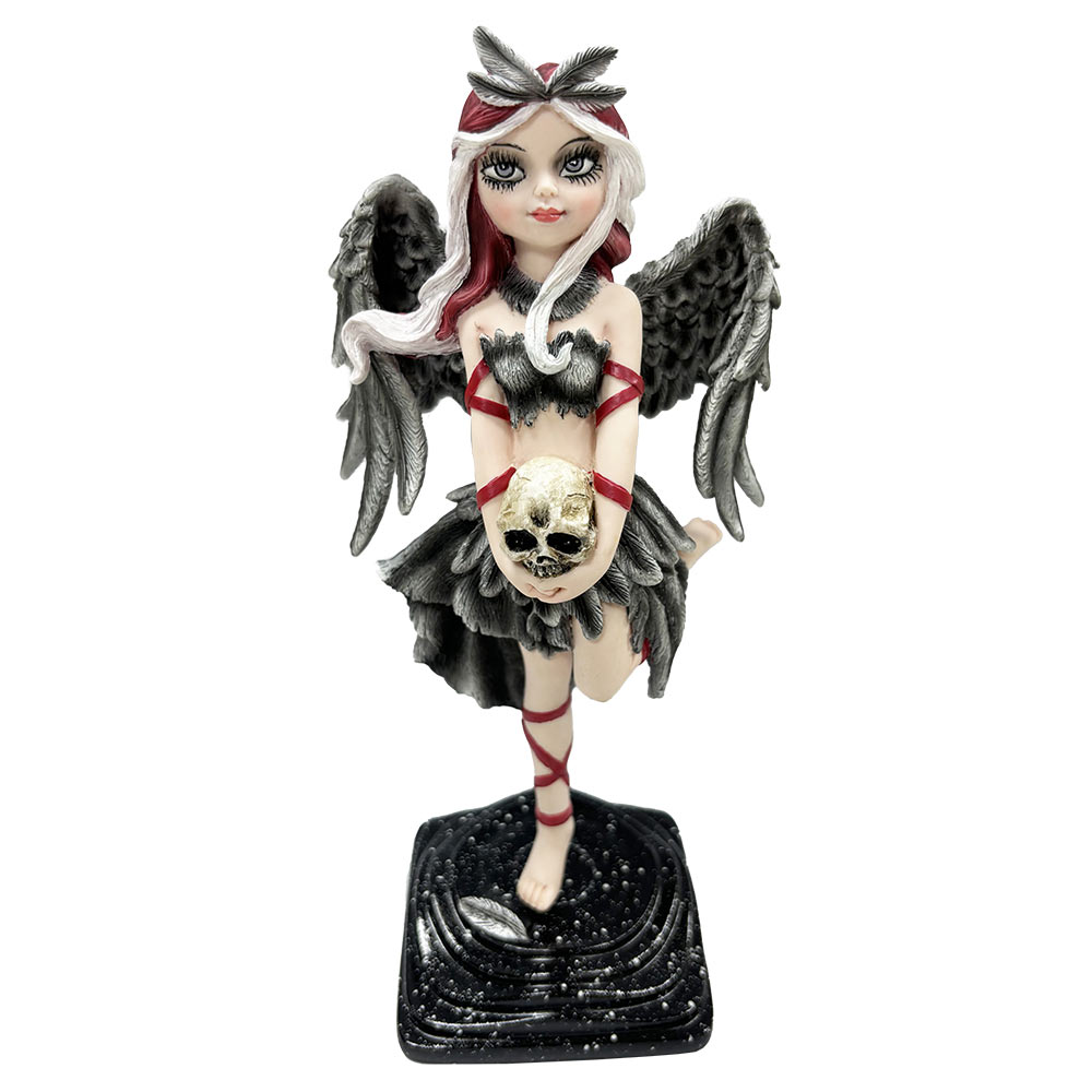 Shadow Fae Fairy Figurine with Feathered Skirt and Skull Accessory