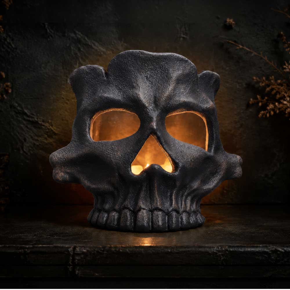 Skull Tea Light Holder in Black 11.8cm