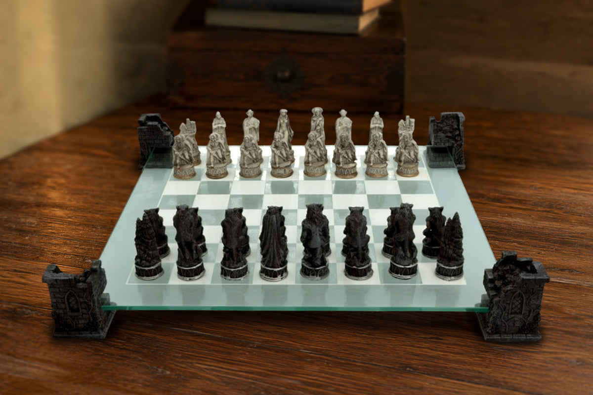 Raised Fantasy Vampire & Werewolf Chess Set With Corner Towers 43cm