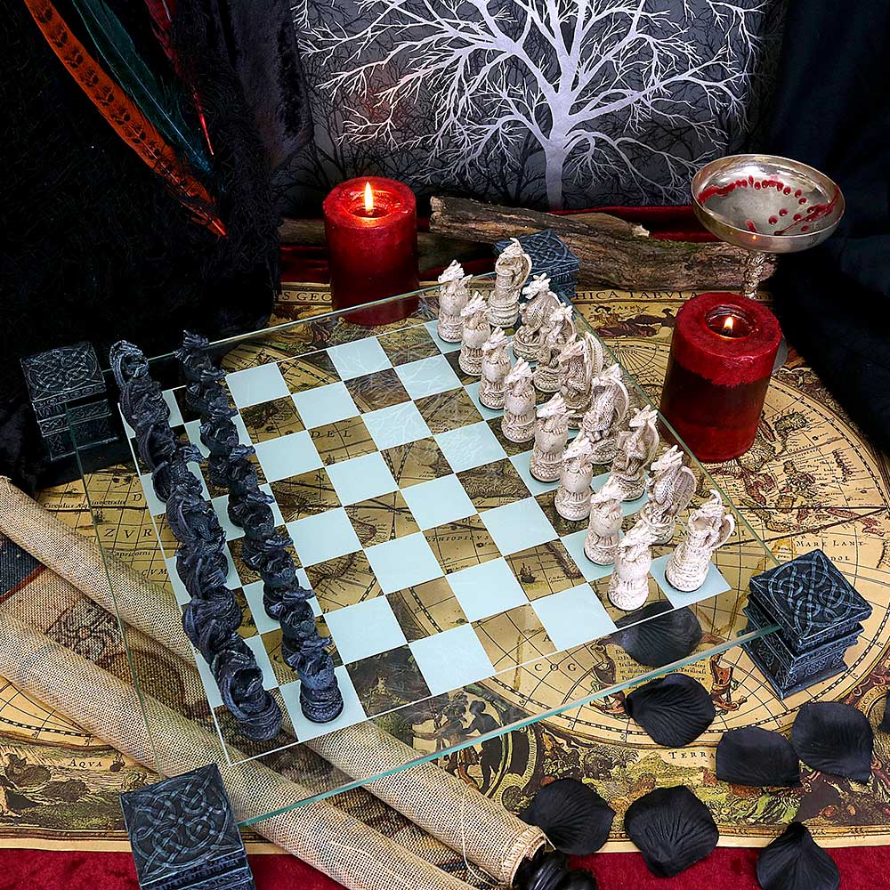 Raised Fantasy Dragon Chess Set With Corner Towers 43cm