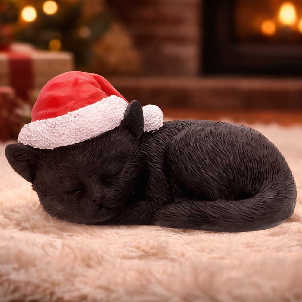Sleeping Black Cat in Santa Hat 9.5cm
