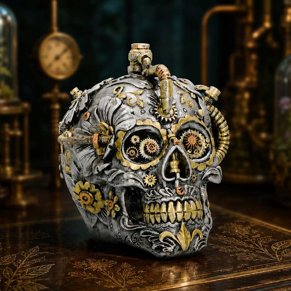 Floral Automaton Clockwork Skull Ornament 13cm